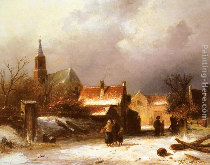 Figures on a Snow Covered Path with a Dutch Town beyond painting - Charles Henri Joseph Leickert Figures on a Snow Covered Path with a Dutch Town beyond art painting